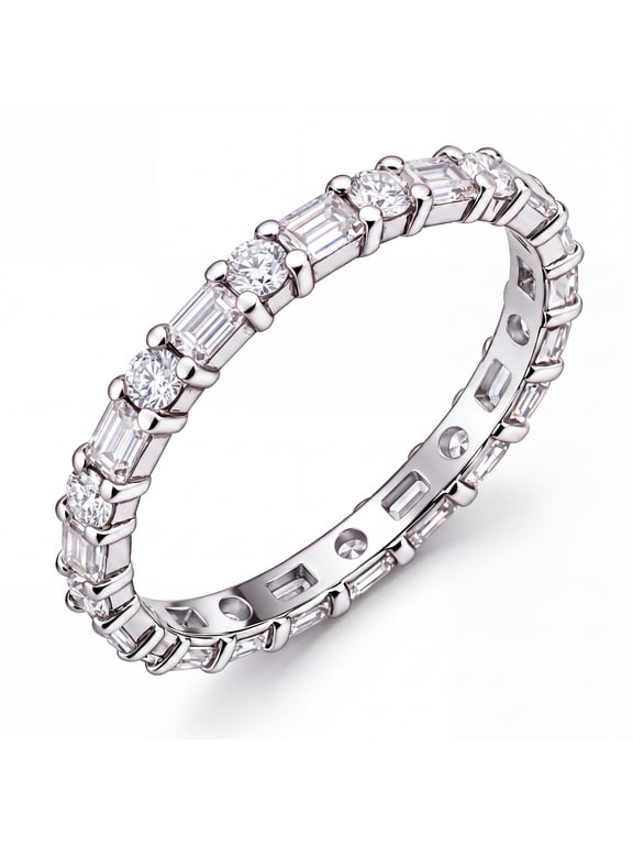 5.5 Carat Emerald & Round Cut April Birthstone Cubic Zirconia Eternity Wedding Band Ring, Alternating Birthstone Anniversary Band in 18K White Gold Plating for Women