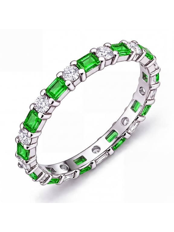 5.5 Carat Emerald & Round Cut May Birthstone Cubic Zirconia Eternity Wedding Band Ring, Alternating Birthstone Anniversary Band in 18K White Gold Plating for Women