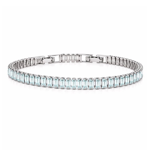 JeenMata 5.5 Carat March Aquamarine - Emerald Cut Birthstone Tennis Bracelet Eternity Design - White Gold Plating, Female, Adult