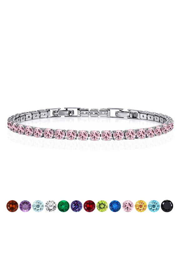 5.5 Carat October Pink Tourmaline - Round Cut Birthstone Tennis Bracelet Eternity Design - White Gold Plating, Female, Adult