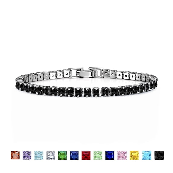 JeenMata 5.5 TCW Black Cubic Zirconia - Princess Cut Birthstone Tennis Bracelet for Women Eternity Design - White Gold Plating, Birthday, Anniversary, Valentine's Day Gift