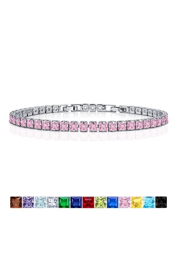 5.5 TCW October Pink Tourmaline - Princess Cut Birthstone Tennis Bracelet for Women Eternity Design - White Gold Plating, Birthday, Anniversary, Valentine's Day Gift