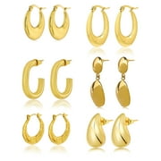JeenMata 6 Pairs Fashion MultiPack Earrings Set for Women in Yellow Gold Plating, Hoop Earrings, Chunky, Lightweight Drop Hypoallergenic Earrings Jewelry Gift for Women