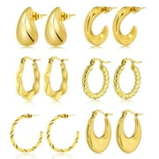 JeenMata 6 Pairs Multipack Everyday Women Earrings Gift Set in Yellow Gold Plating, Thick Open, Lightweight, Hoop Hypoallergenic Twisted Earrings for Women