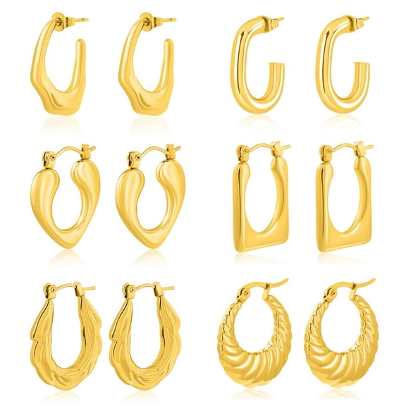JeenMata 6 Pairs Women Earrings MultiPack Gift Set in Yellow Gold Plating, Light Weight, Chunky, Huggie Hoop Earrings, Earrings Gift set for all occasion