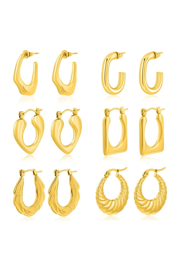 6 Pairs Women Earrings MultiPack Gift Set in Yellow Gold Plating, Light Weight, Chunky, Huggie Hoop Earrings, Earrings Gift set for all occasion