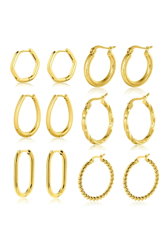 6 pcs Luxurious Earring Set: Heart Studs, Hoops, and Chain Link Earrings in Yellow