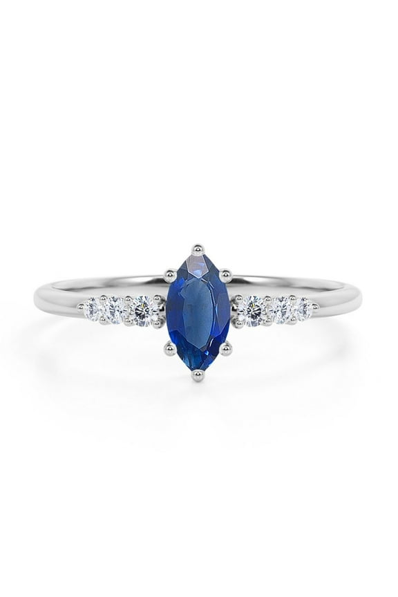 7 Stone Cluster 0.5 TCW Marquise Cut Lab Created Blue Sapphire and Moissanite Scalloped Pave Engagement Ring in 18K White Gold Plating over Silver