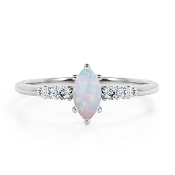 JeenMata 7-Stone Pave Setting - 0.5 TCW Marquise Cut Australian Opal and Moissanite - Cluster Engagement Ring - 18K White Gold Plating over Silver