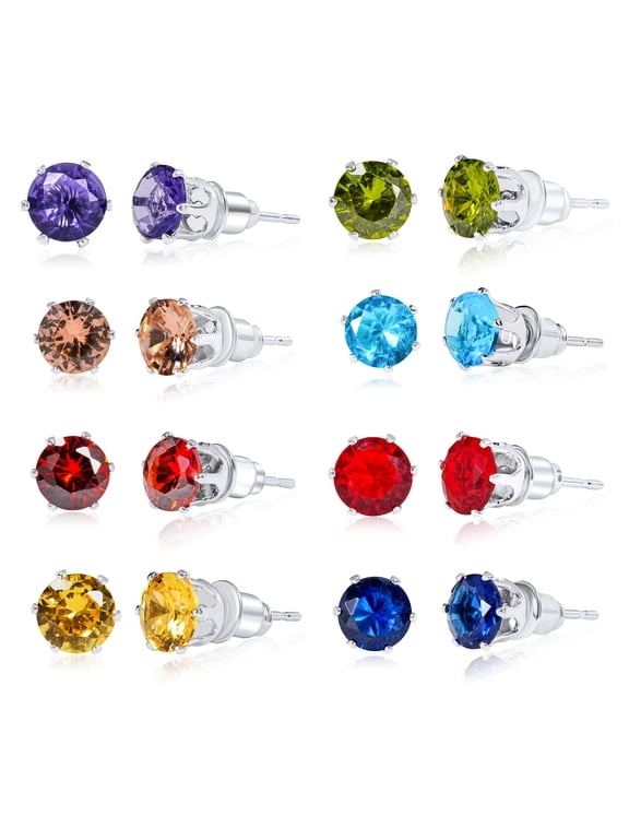 8 Pairs Assorted Color Stone Solitaire Stud Earrings Set for Women - Everyday Earring Bundles