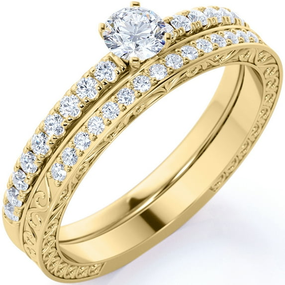 JeenMata .83 ct - Round Moissanite - Pave - Victorian - Dainty - Engagement Ring - Vintage Wedding Ring Set - 18K Yellow Gold over Silver