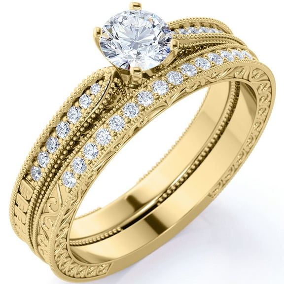 JeenMata .83 ct Round Real Moissanite - Vintage - Milgrain - Edwardian Wedding Ring Set - 18K Yellow Gold over Silver