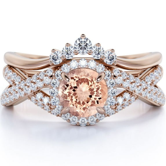 JeenMata Affordable 1.15 Carat Round Cut Created Morganite and Moissanite Bridal Wedding Ring Set with Engagement Ring and Wedding Band in 18k Gold Over Silver