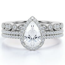 JeenMata Affordable 1.50 Carat Pear cut Moissanite Antique Wedding Trio Ring Set in 18k White Gold Over Silver