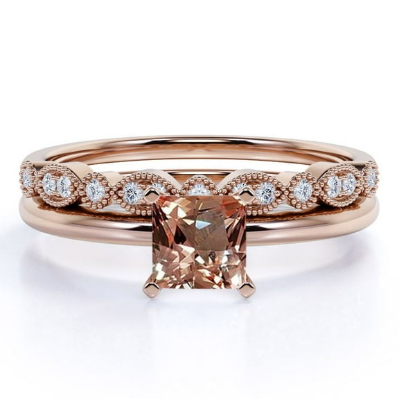 JeenMata Affordable 1.75 Carat Princess cut created morganite and Moissanite Bridal Wedding Ring Set with Engagement Ring and Wedding Band in 18k Gold Over Silver