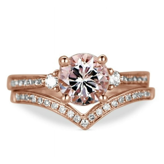 JeenMata Affordable 2 Carat Round cut created morganite and Moissanite Bridal Wedding Ring Set with Engagement Ring and Wedding Band in 18k Gold Over Silver