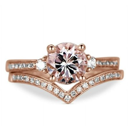JeenMata Affordable 2 Carat Round cut created morganite and Moissanite Bridal Wedding Ring Set with Engagement Ring and Wedding Band in 18k Gold Over Silver