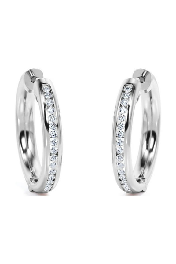 Alluring Half Eternity - 0.7 Carat Round Shape Diamond - Pave Channel - Chunky Hoop Earrings - 18K White Gold Plating over Silver