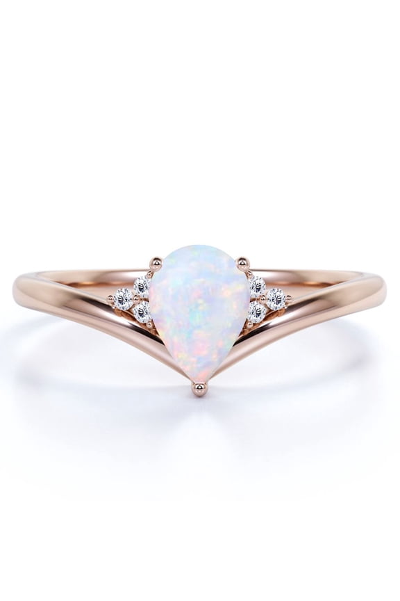Antique 0.80 TCW Teardrop Blue Opal and Moissanite Promise Ring in 18K Rose Gold over Silver