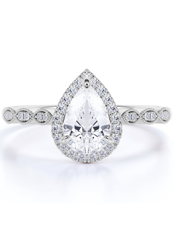 Antique 1.25 Carat Pear Cut Moissanite Halo Engagement Ring in 18k White Gold Over Silver
