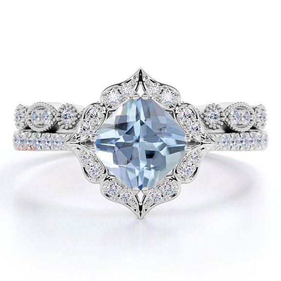 JeenMata Antique 1.35 Carat Cushion Cut Created Aquamarine and Moissanite Wedding Ring Set in 18k White Gold over Silver