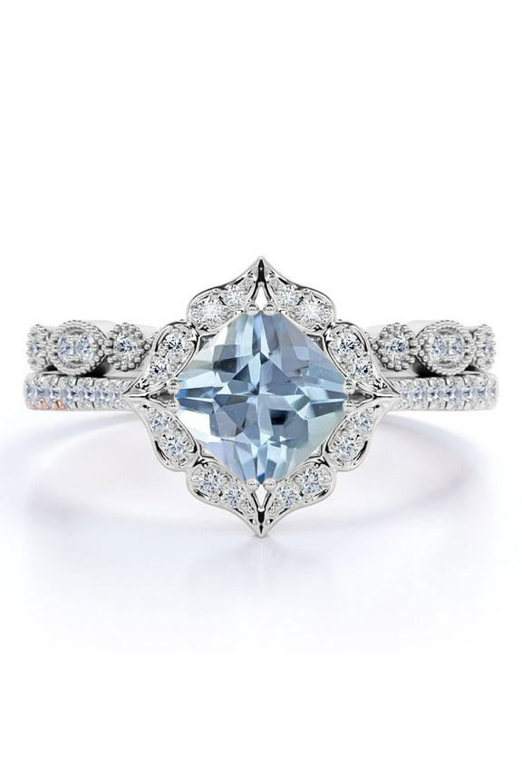 Antique 1.35 Carat Cushion Cut Created Aquamarine and Moissanite Wedding Ring Set in 18k White Gold over Silver