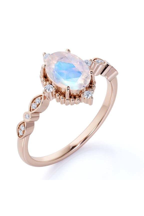 Antique 1.5 ct Oval Blue Moonstone and Moissanite Bohemian Wedding Ring in 18K Rose Gold over Silver