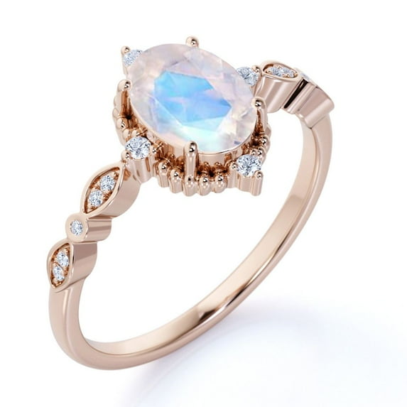 JeenMata Antique 1.5 ct Oval Blue Moonstone and Moissanite Bohemian Wedding Ring in 18K Rose Gold over Silver