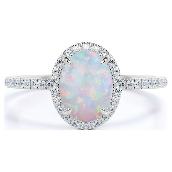 JeenMata Antique 1.5 ct Oval Cut Lab Created Opal and Moissanite Halo Promise Ring in 18k White Gold over Silver