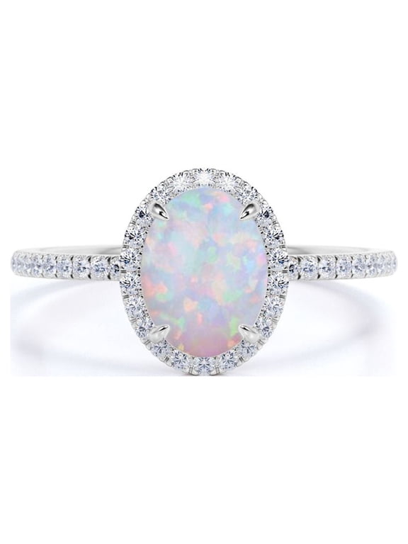 Antique 1.5 ct Oval Cut Lab Created Opal and Moissanite Halo Promise Ring in 18k White Gold over Silver