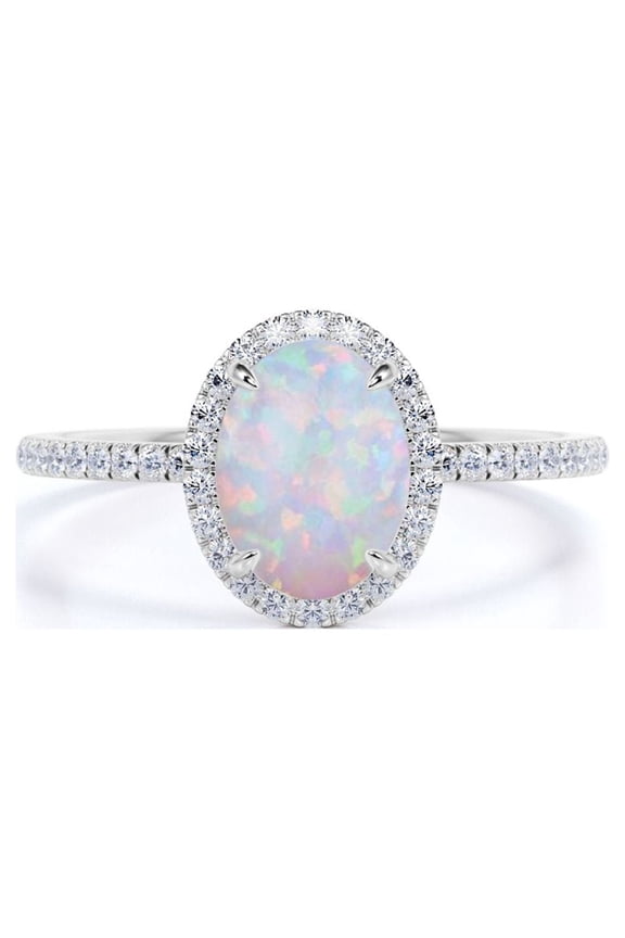 Antique 1.5 ct Oval Cut Lab Created Opal and Moissanite Halo Promise Ring in 18k White Gold over Silver
