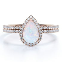 JeenMata Antique 1.5 ct Pear Shape Opal and Moissanite Wedding Ring Set in 18K Rose Gold over Silver