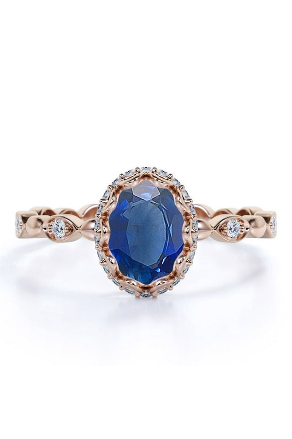 Antique 1.25 Carat Oval Peacock Lab Created Blue Sapphire Birthstone Wedding Ring in 18k Rose Gold Over Silver