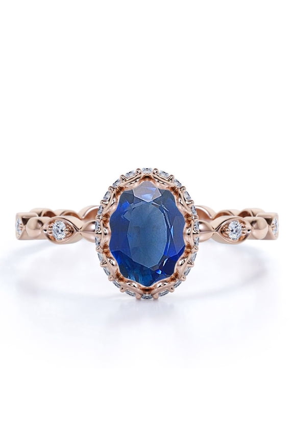 Antique 1.25 Carat Oval Peacock Lab Created Blue Sapphire Birthstone Wedding Ring in 18k Rose Gold Over Silver