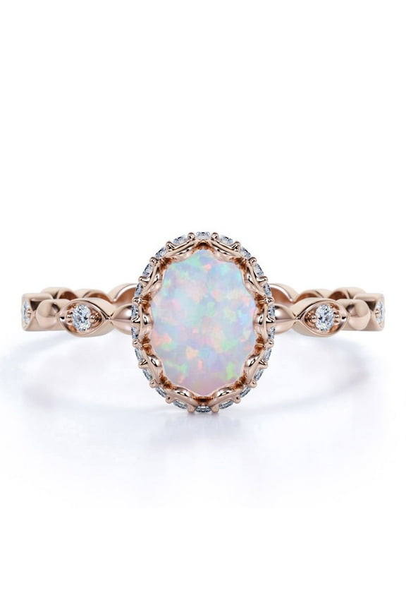 Antique 1.75 ct Genuine Oval Cut Opal and Moissanite Engagement Ring in 18K Rose Gold over Silver