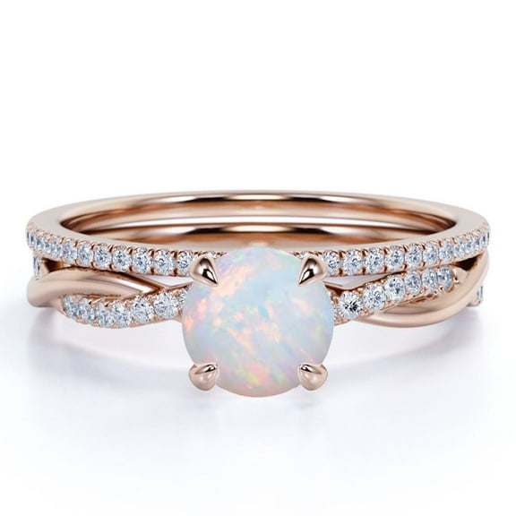 JeenMata Antique 1.75 ct Round Cut Opal and Moissanite Wedding Ring Set in 18K Rose Gold over Silver