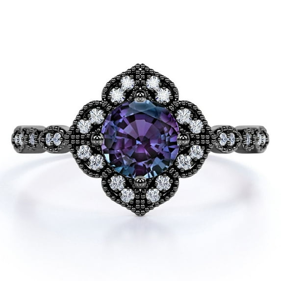 JeenMata Antique 1 Carat Round Cut Synthetic Alexandrite and Moissanite Milgrain Flower Engagement Ring in 18k Black Gold over Silver