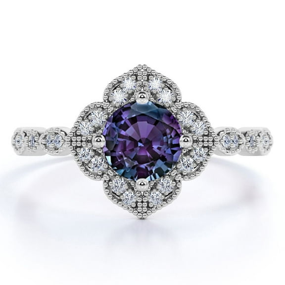 JeenMata Antique 1 Carat Round Cut Synthetic Alexandrite and Moissanite Milgrain Flower Engagement Ring in 18k White Gold over Silver