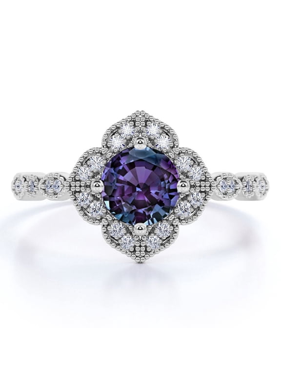 Antique 1 Carat Round Cut Synthetic Alexandrite and Moissanite Milgrain Flower Engagement Ring in 18k White Gold over Silver