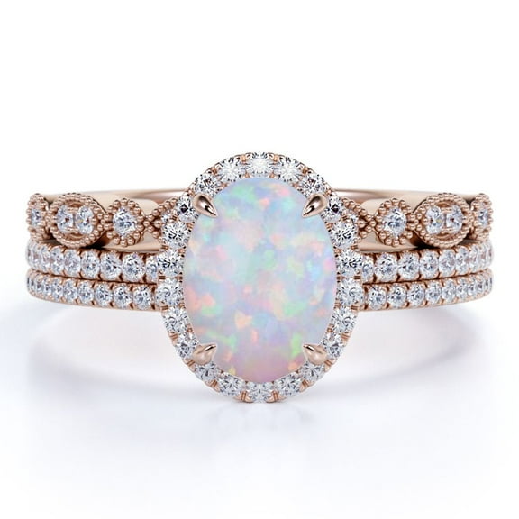 JeenMata Antique 2 ct Oval Blue Opal and Moissanite Trio Engagement Ring Set in 18K Rose Gold over Silver