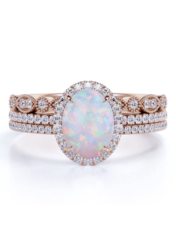 Antique 2 ct Oval Blue Lab Created Opal and Moissanite Trio Engagement Ring Set in 18K Rose Gold over Silver