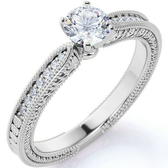 JeenMata Antique .75 ct - Round Moissanite - Vintage Inspired - Edwardian Engagement Ring - 18K White Gold over Silver