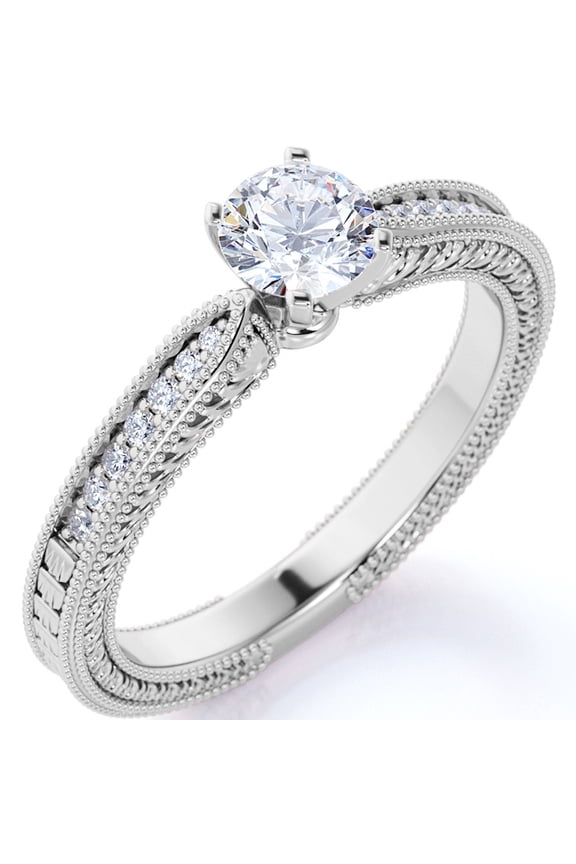 Antique .75 ct - Round Moissanite - Vintage Inspired - Edwardian Engagement Ring - 18K White Gold over Silver