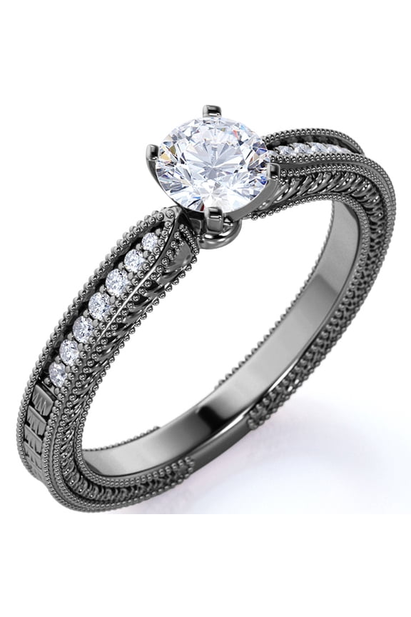 Antique .75 ct - Round Moissanite - Vintage Inspired - Edwardian Gothic Engagement Ring - 18K Black Gold over Silver