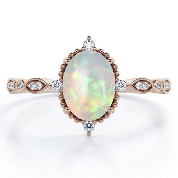 JeenMata Antique Design 1.5 Carat Oval Cut Ethiopian Opal And Moissanite Art Deco Five-Stone Engagement Ring In 18K Rose Gold Plating Over Silver