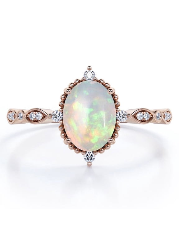 Antique Design 1.5 Carat Oval Cut Ethiopian Opal And Moissanite Art Deco Five-Stone Engagement Ring In 18K Rose Gold Plating Over Silver