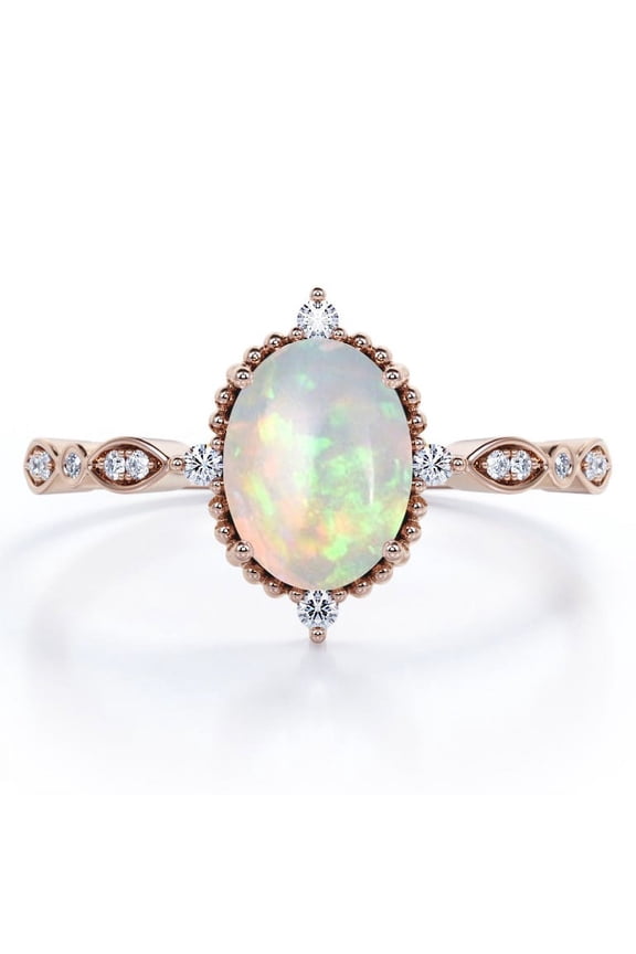 Antique Design 1.5 Carat Oval Cut Ethiopian Opal And Moissanite Art Deco Five-Stone Engagement Ring In 18K Rose Gold Plating Over Silver