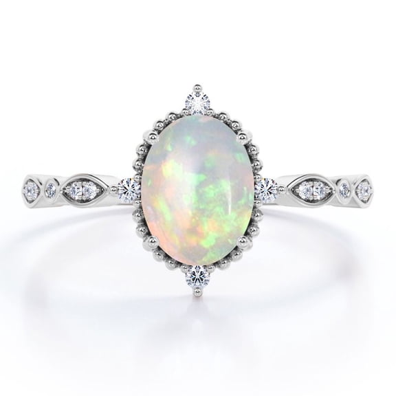 JeenMata Antique Design 1.5 Carat Oval Cut Ethiopian Opal And Moissanite Art Deco Five-Stone Engagement Ring In 18K White Gold Plating Over Silver