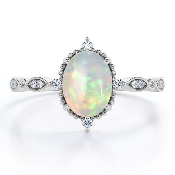 JeenMata Antique Design 1.5 Carat Oval Cut Ethiopian Opal And Moissanite Art Deco Five-Stone Engagement Ring In 18K White Gold Plating Over Silver