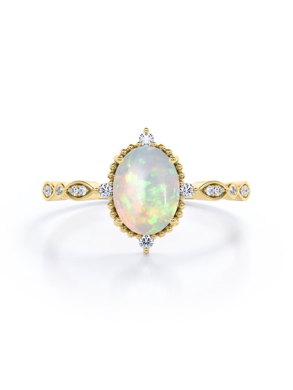 Antique Design 1.5 Carat Oval Cut Ethiopian Opal And Moissanite Art Deco Five-Stone Engagement Ring In 18K Yellow Gold Plating Over Silver